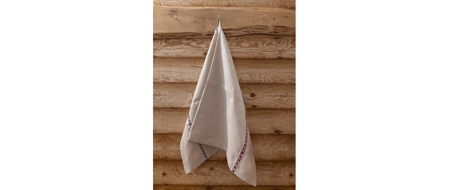 Linen towel with ethnic ribbon trim